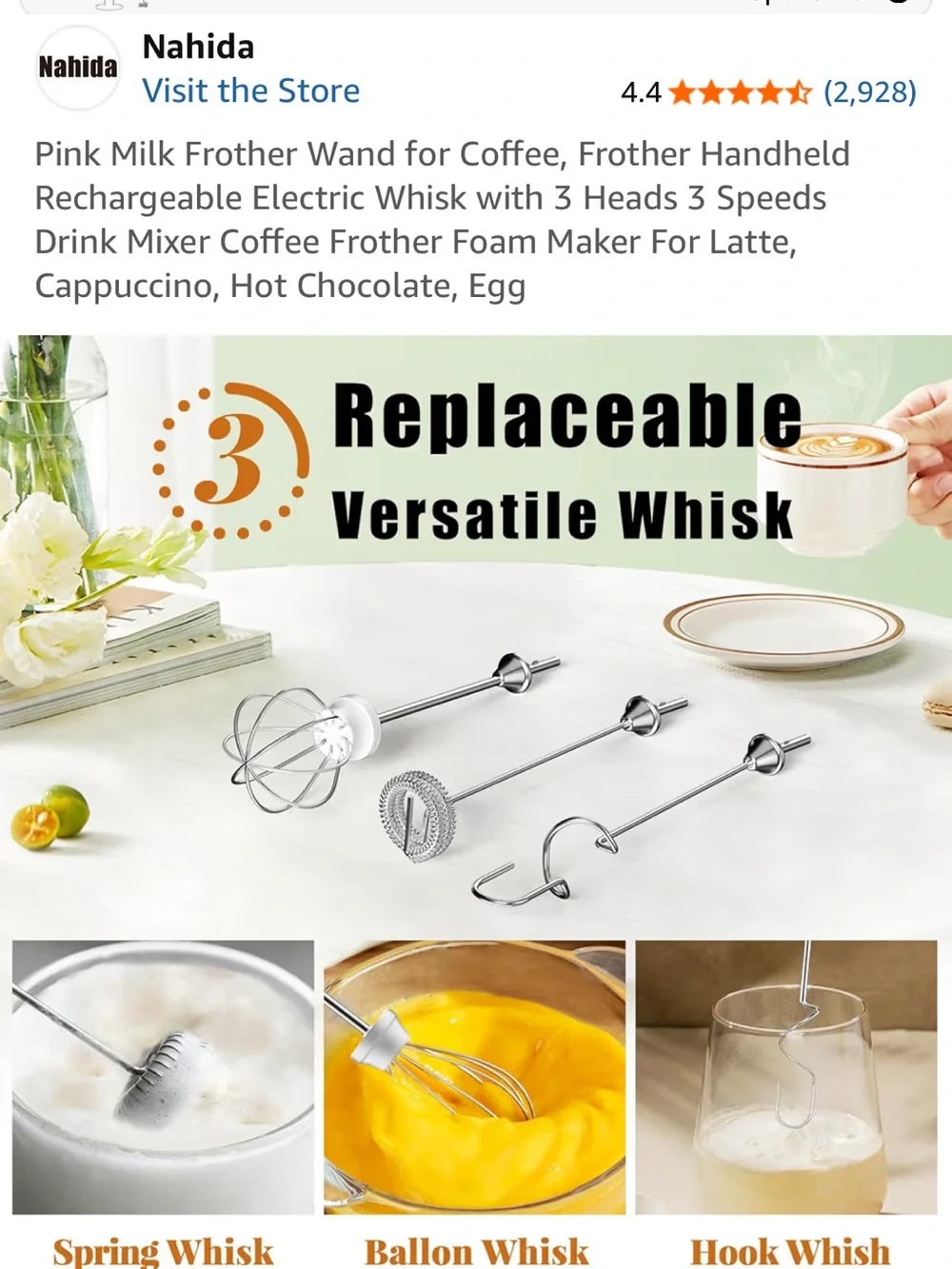 Pink Rechargeable Handheld Milk Frother - 3 Speeds, 3 Whisks